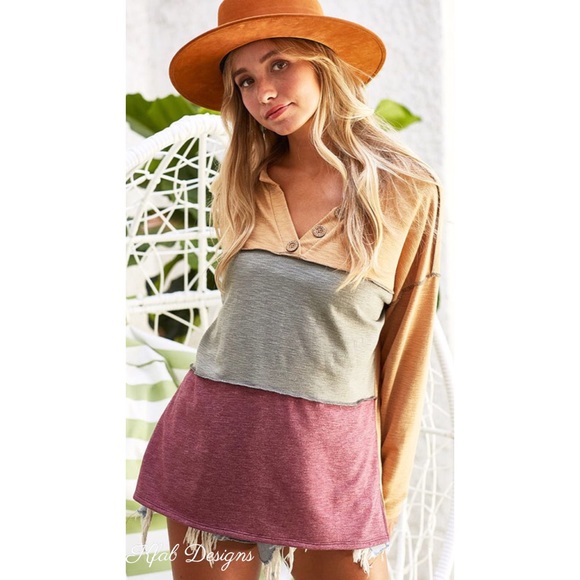 ❤️LAST! V Neck Slub French Terry Color Block Stitching Detail Henley Top! - Picture 6 of 7